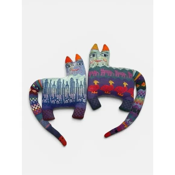 Pair Vintage 1986 Handloomed Wool Folk Art Cat Pillows Soft Sculptures Signed