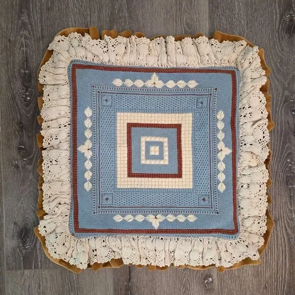VTG Handmade Crochet Velvet Knit Southwestern Lace Throw Pillow Cover 20