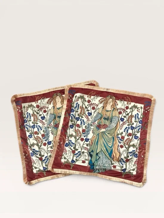 Two NWOT Red Velvet Pillow COVERS Blue Burgundy Gold Art Nouveau Fairy Style