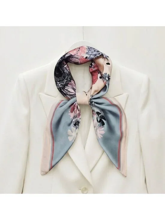 Silky Floral Wreath Square Scarf Green Vintage Inspired Botanical Print headband