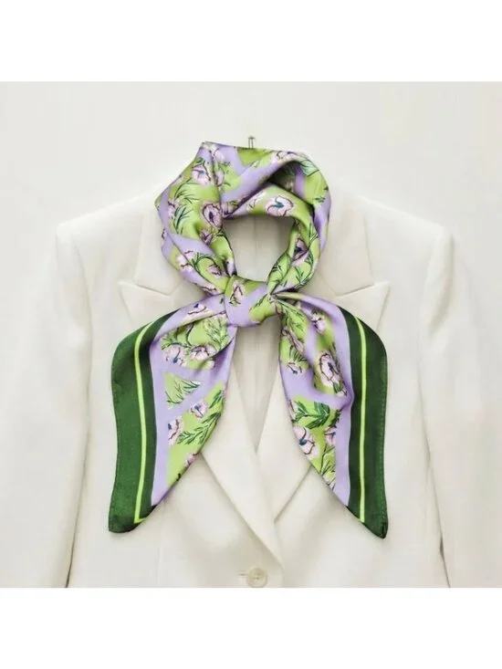 ✨Womens Green Purple Floral Geometric Square Scarf Silky Blend Foulard luxurious