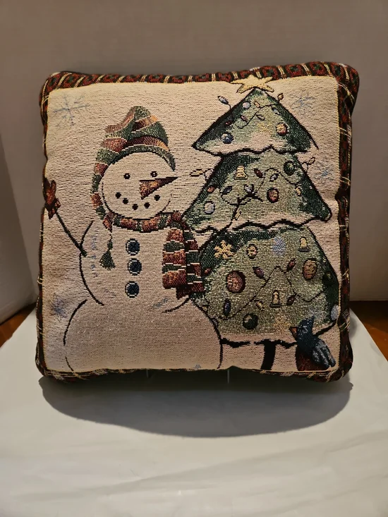 Holiday Snowman and Tree Accent Pillow -Tapestry Green/Cream