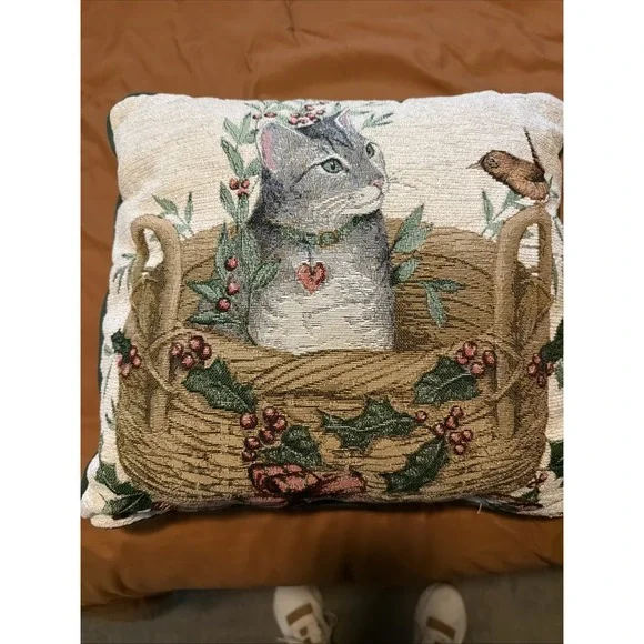 Vintage Debbie Cook Cat In Basket Tapestry Pillow With Bird Cottage Core!