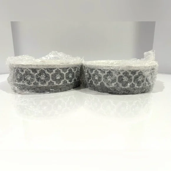 Pet Food Dish Bowls Set of 2 Water Grey Gray Ceramic Cats Dogs Paw Prints Medium