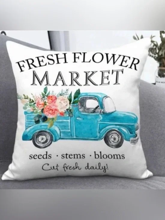 Pickup Truck Throw Pillow Cover Fresh Flower Market Country Rustic Farmhouse NWT