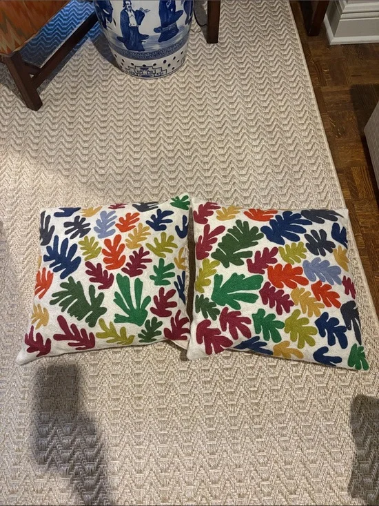 Embroidered Leaf Pattern Throw Pillows - Multicolor on Cream