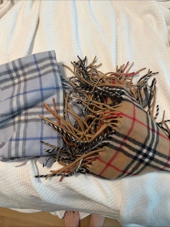 Classic Check Wool Scarf - Camel & Light Blue