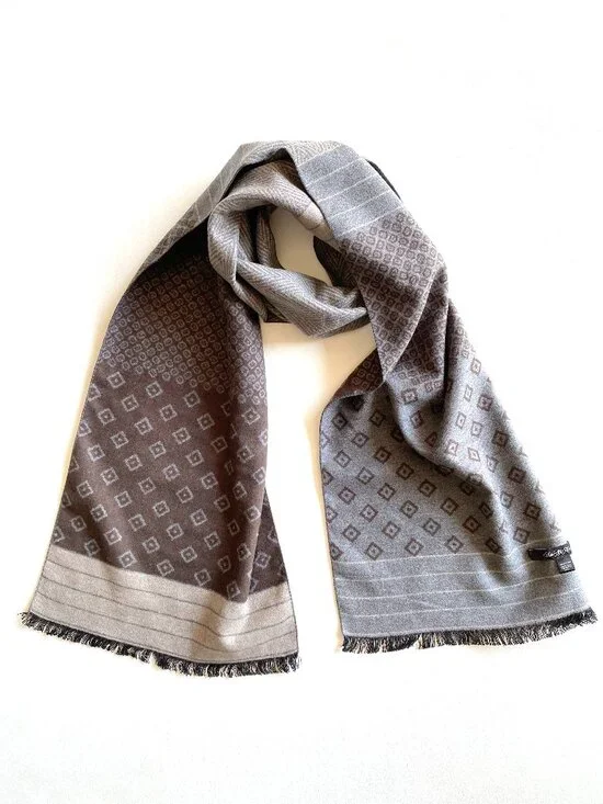 Saks Fifth Avenue 100% Silk Scarf Geometric Pattern Fringed Rectangle Gray