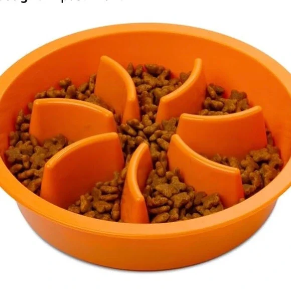 New Dog Slow Feeder Bowl - Pet Food Puzzle - Bloat Stop Orange - 2 Cups
