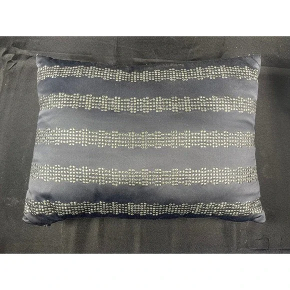 DKNY Black Studded Lumbar Accent Pillow Silver Metallic Striped Decorative 15x10