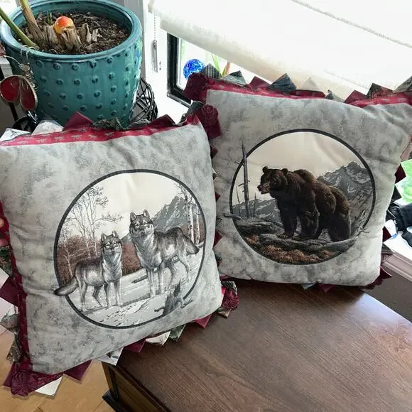 Vintage handmade Pillows Wolves Grizzly Bear Circle rustic cabin country decor