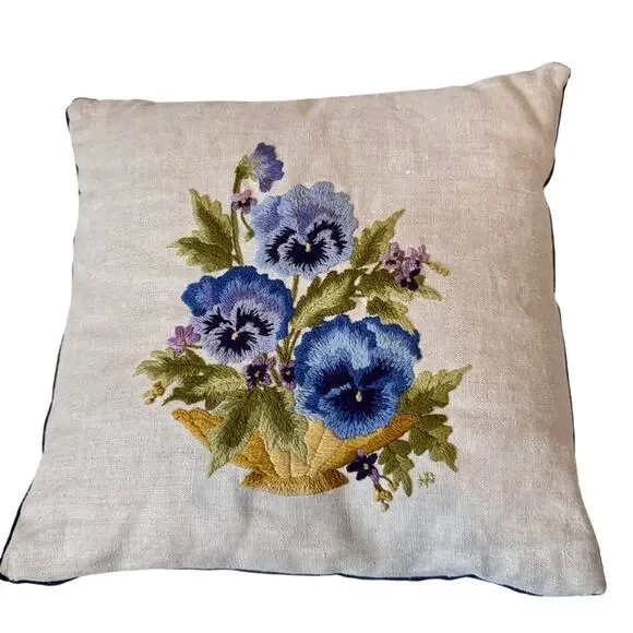 Vintage Blue Floral Embroidered Throw Pillow 13.5 Square Boho Accent