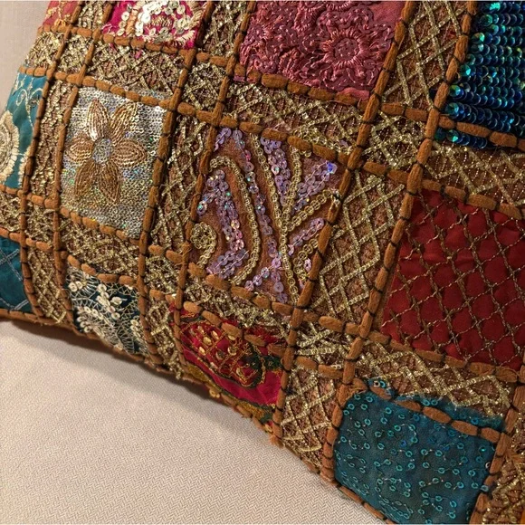 Handmade vintage silk beaded pillow/cushion cover  from saris in India.