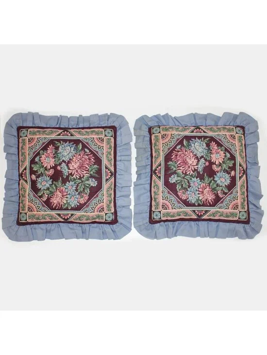 Set of 2 Vintage Blue Floral Quilted Throw Pillows 21