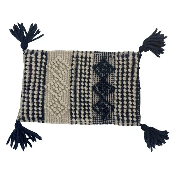 Magnolia Home Joanna Gaines Tufted Wool Navy Cream Textured Tassel Pillow Cover