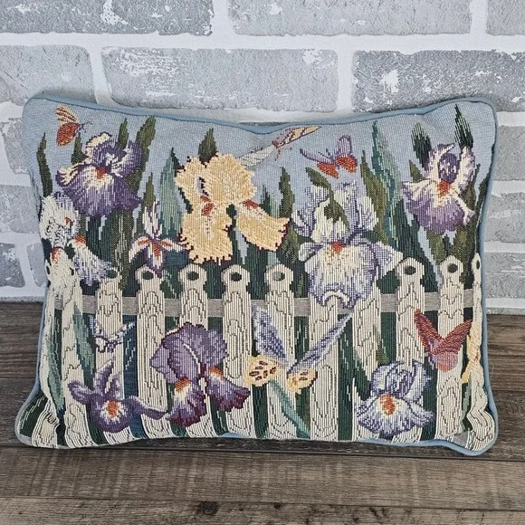 Vintage Style Iris Butterfly Needlepoint Tapestry Accent Throw Pillow 16x11