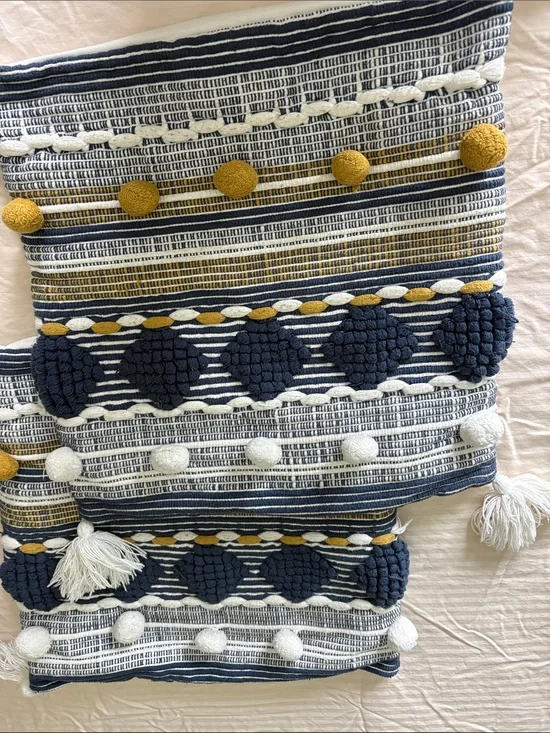 Navy, White & Mustard Textured Throw Pillow Cover Set