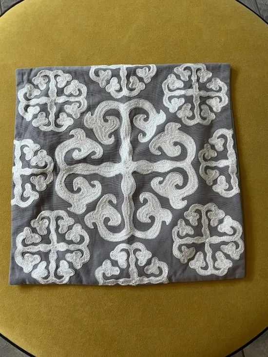 Modern Farmhouse Gray Cotton Throw Pillow Cover 18x18 White Scroll Embroidery