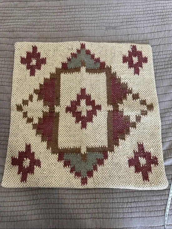 Handwoven Cream and Burgundy Geometric Throw Pillow Cover 18” Sq by Trade Star.