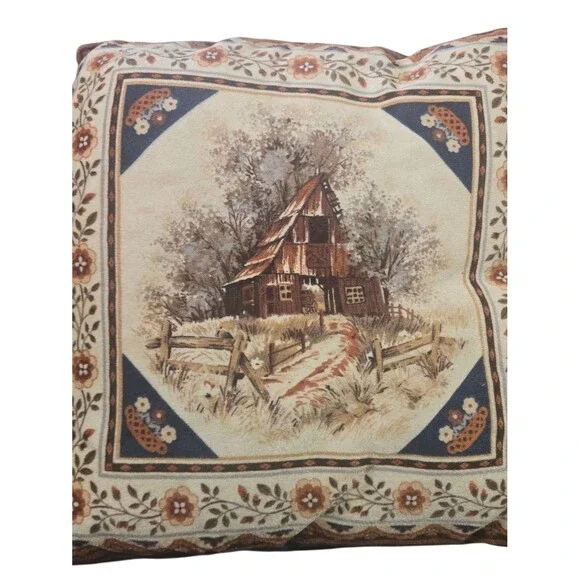 Rustic Barn Scenic Throw Pillow in Beige and Brown Vintage 70s 16x16