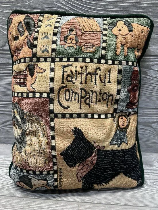 Faithful Companion Dog Puppies Throw Pillow Green Tapestry Velvet Back