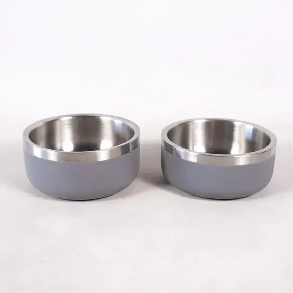 Stainless Steel Dog Cat Pet Bowl Food Water Dish Feeder x2 Gray Powder Coated