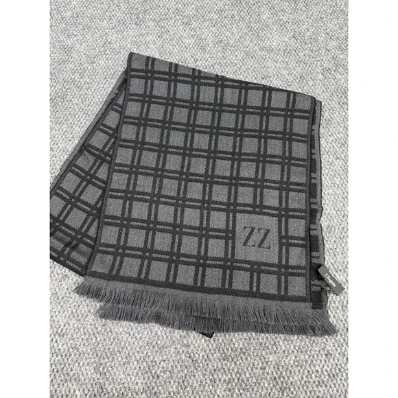 Z Zegna 100% Wool Scarf Wrap Men's Gray Black Plaid Fringe Edge Italy