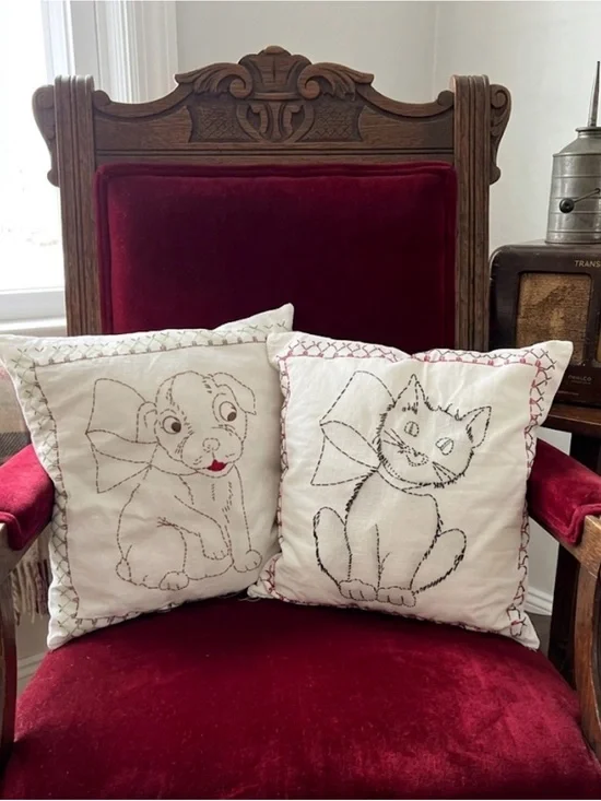 Embroidered Puppy & Kitten Throw Pillows (2) - retro nursery decor vintage