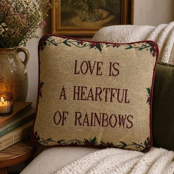 Vintage Style Tapestry Pillow Love Is A Heartful Of‎ Rainbows Floral Burgundy