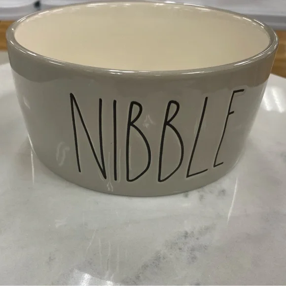 Rae Dunn NIBBLE taupe grey and cream 6” pet bowl - never used!  Fabulous color
