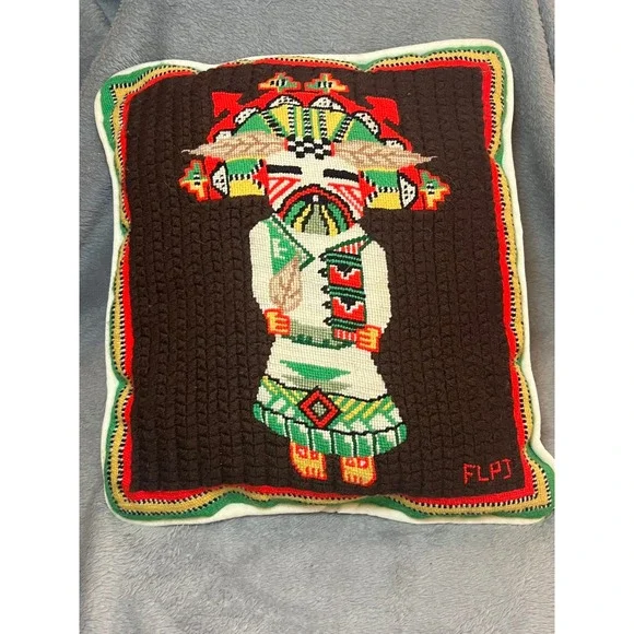 Vintage Handmade Needlepoint Kachina‎ Dancer Pillow Southwestern Folk Art Signed