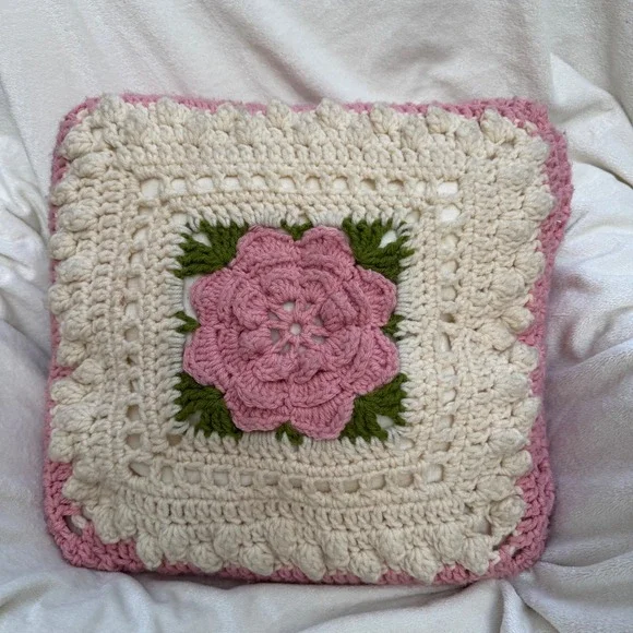 Handmade Crochet Rose Throw Pillow 15x15 Pink Cream Vintage Cottage 3D Floral