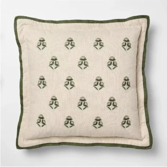 Square Embroidered Floral w/Flange Natural/Green Pillow - Threshold Studio McGee