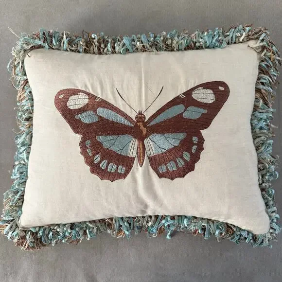 Decorative Butterfly Accent Throw Pillow 14x17 Fringe Trim Cottage Style