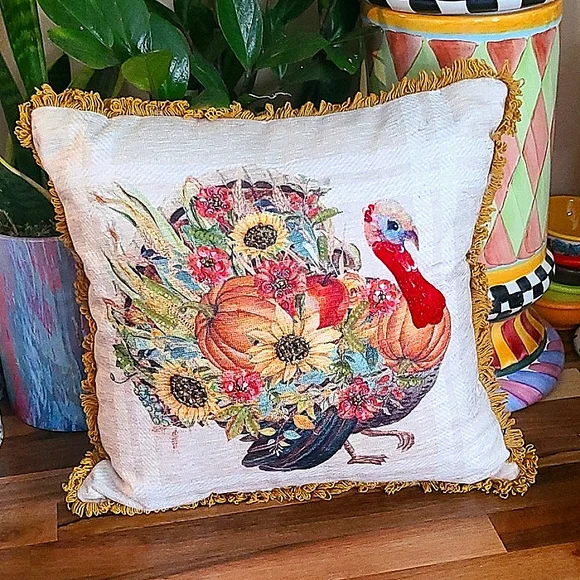 Embellished Thanksgiving Pillow 1' Square Dia. Accent Pillow