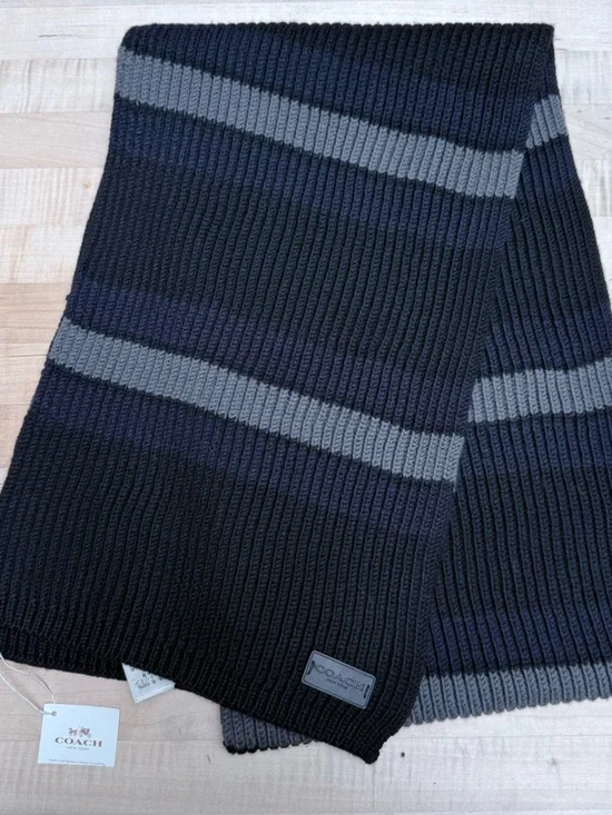 NWT Coach 100% Wool Black Gray Stripe Wool Varsity Scarf Preppy
