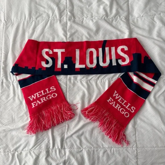 St Louis City Skyline Soccer Scarf Red Navy White Fringe Wells Fargo MLS Fan