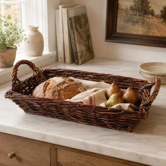 Vintage Wicker Serving Tray English Cottage Bread Basket Kitchen Centerpiece