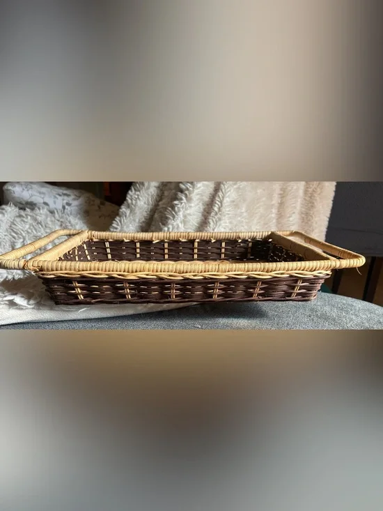 Woven Wicker Decorative Storage Basket Tray in Natural Brown and Tan