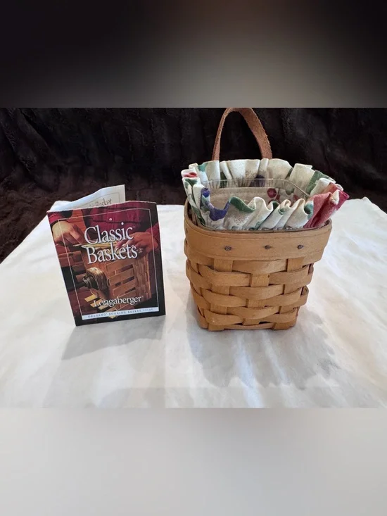 Longaberger Brown Woven Basket with Floral Ruffled Liner