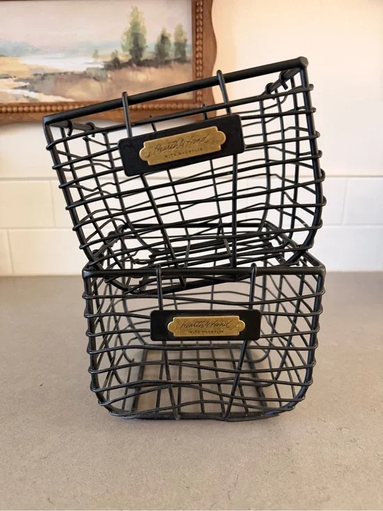 Hearth & Hand Black Wire Storage Baskets with Brass Label Plates - Set of 2