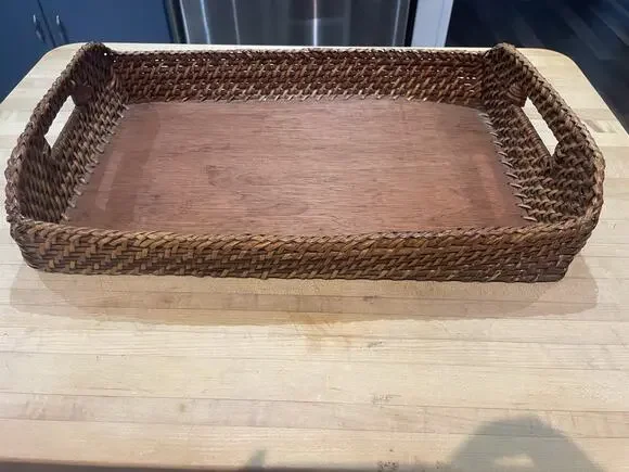 Vtg Large Rectangular Rattan Tray With Handles Low Sides Wooden Base Lightweight