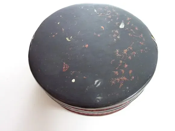 Antique Japanese Black Lacquer Round Box Wabi Sabi Egret Deer Storage Case 7