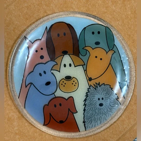 Peggy Karr Fused Glass Platter Dogs Whimsical Signed 11.25”