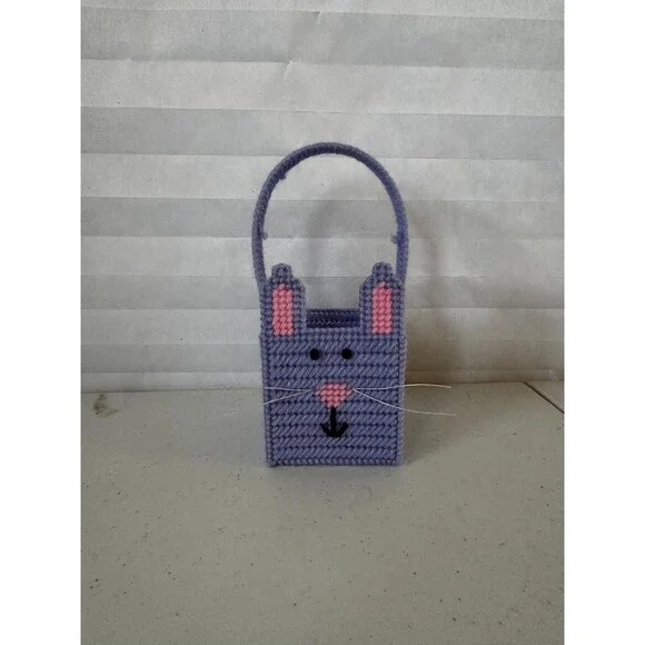 Mini Easter Basket Purple with Bunny – Colorful Plastic Canvas Handmade Gift