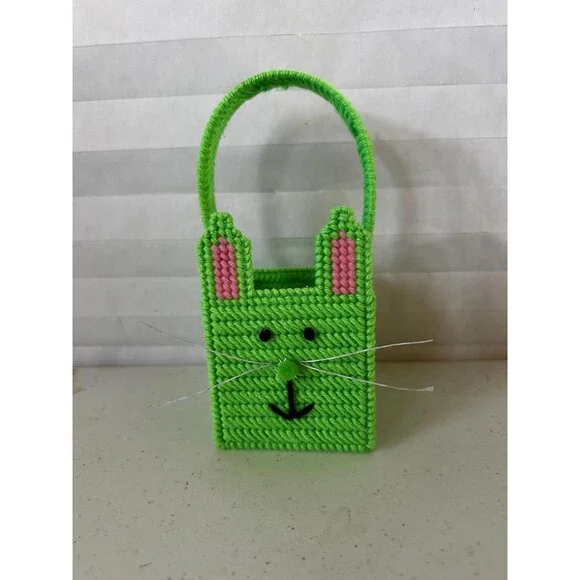 Mini Easter Basket with Bunny – Colorful Plastic Canvas Handmade Gift