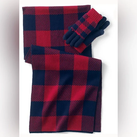 Lands End Men’s Scarf and Gloves Set in Rich Red Buffalo Check