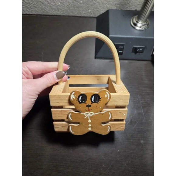 Vintage, Small‎ Decorative Teddy Bear Wooden, Hand Painted Basket