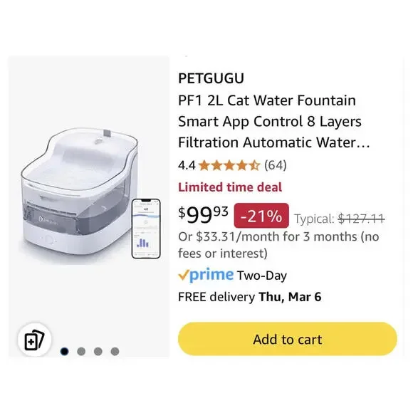 PETGUGU Wireless Water Fountain for Cat/Dog 2L Capacity, White