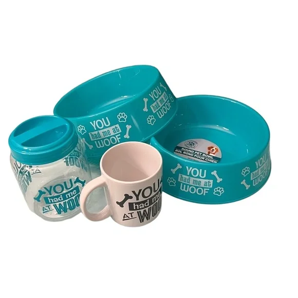 NWT You Had Me At Woof Dog Bowls Canister Mug Set